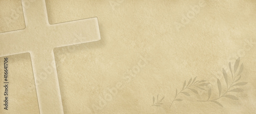 Religious beige background with cross and olive twigs