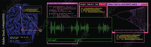 Sci-fi retrofuturistic dashboard with message boxes and windows. Computer screen of hacker's desktop with programs and charts, map of the world. 