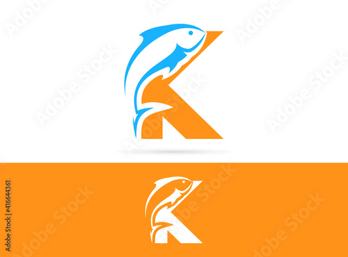 Letter K fish logo design. Vector combination of animals and letter