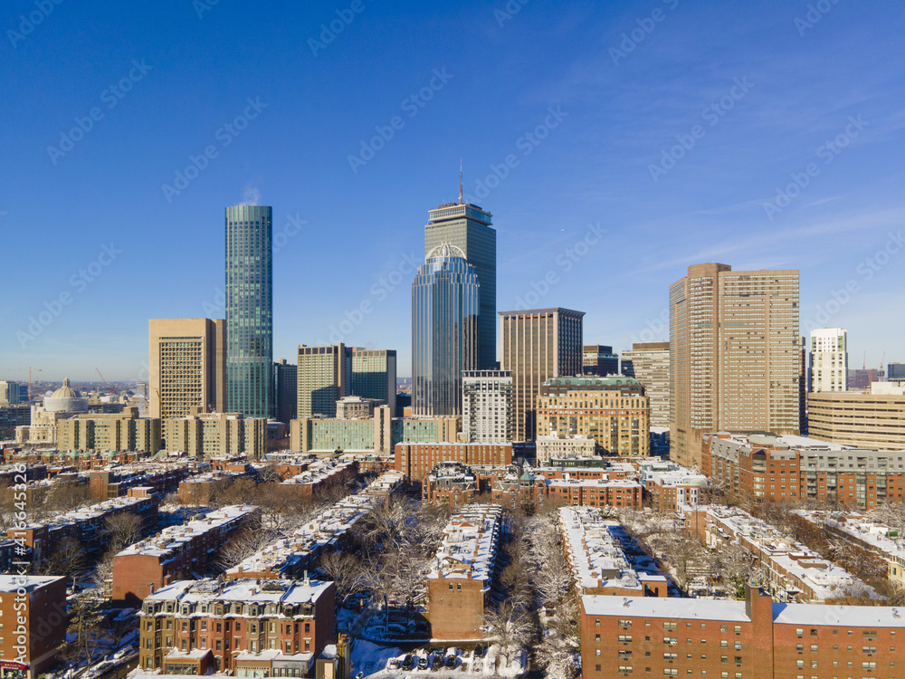 Fototapeta premium Boston Back Bay modern city skyline including Prudential Tower, and Four Season Hotel at One Dalton Street in Boston, Massachusetts MA, USA.