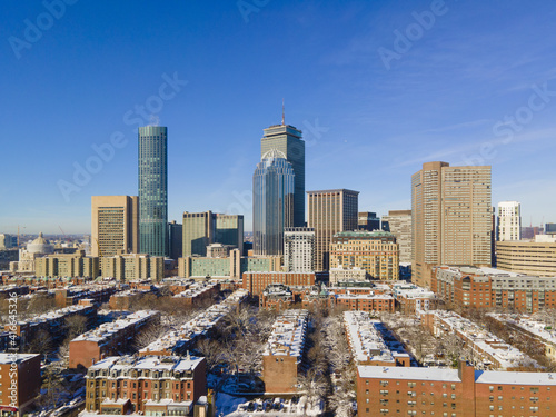 Boston Back Bay modern city skyline including Prudential Tower, and Four Season Hotel at One Dalton Street in Boston, Massachusetts MA, USA. 