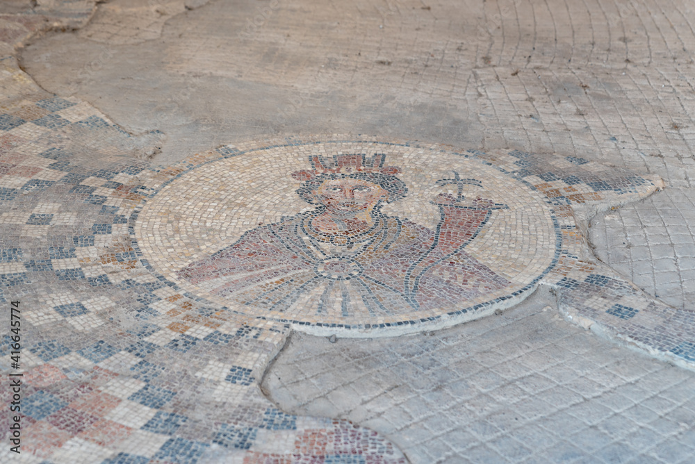 Mosaic floor of Tyche the gaudian goddess of the city of Beit She'an at Beit She'an National Park in Israel