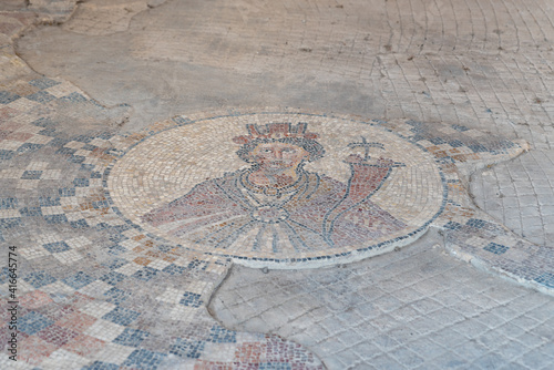 Mosaic floor of Tyche the gaudian goddess of the city of Beit She'an at Beit She'an National Park in Israel