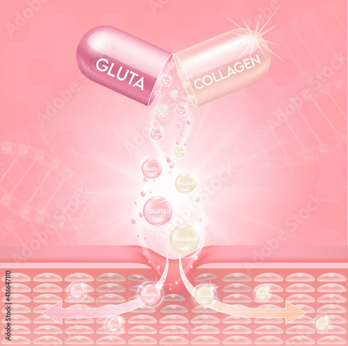 Pink glutathione and collagen pack with capsule and the third ingredient can be separated. On a light pink background. Healthy life medical and dietary supplement. 