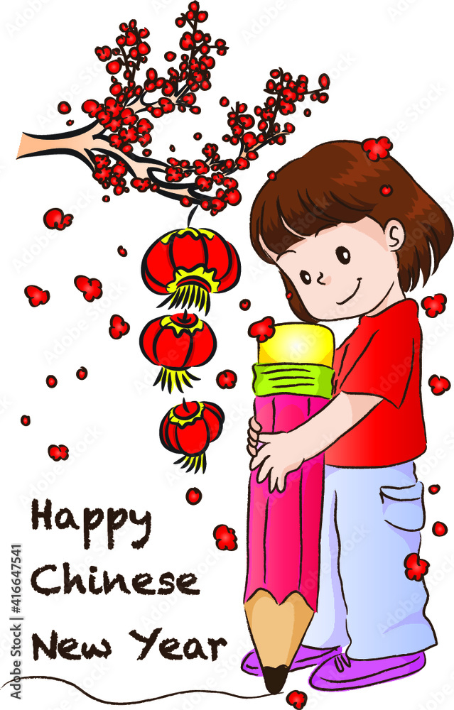 lunar New Year girl hold pencil drawing happy new year lantern vector  cartoon Stock Vector | Adobe Stock