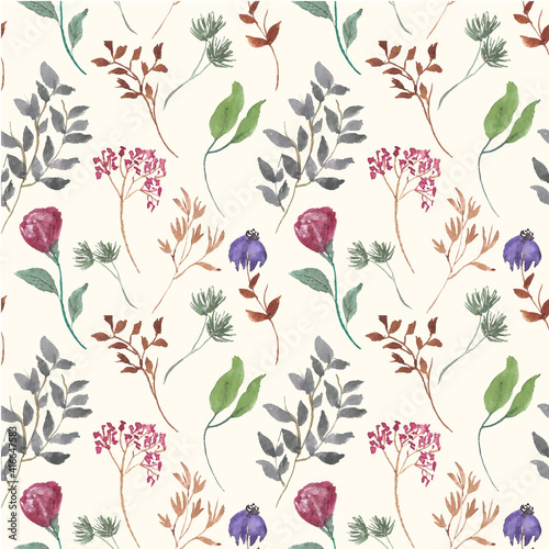 Seamless pattern beautiful flower and leaves watercolor