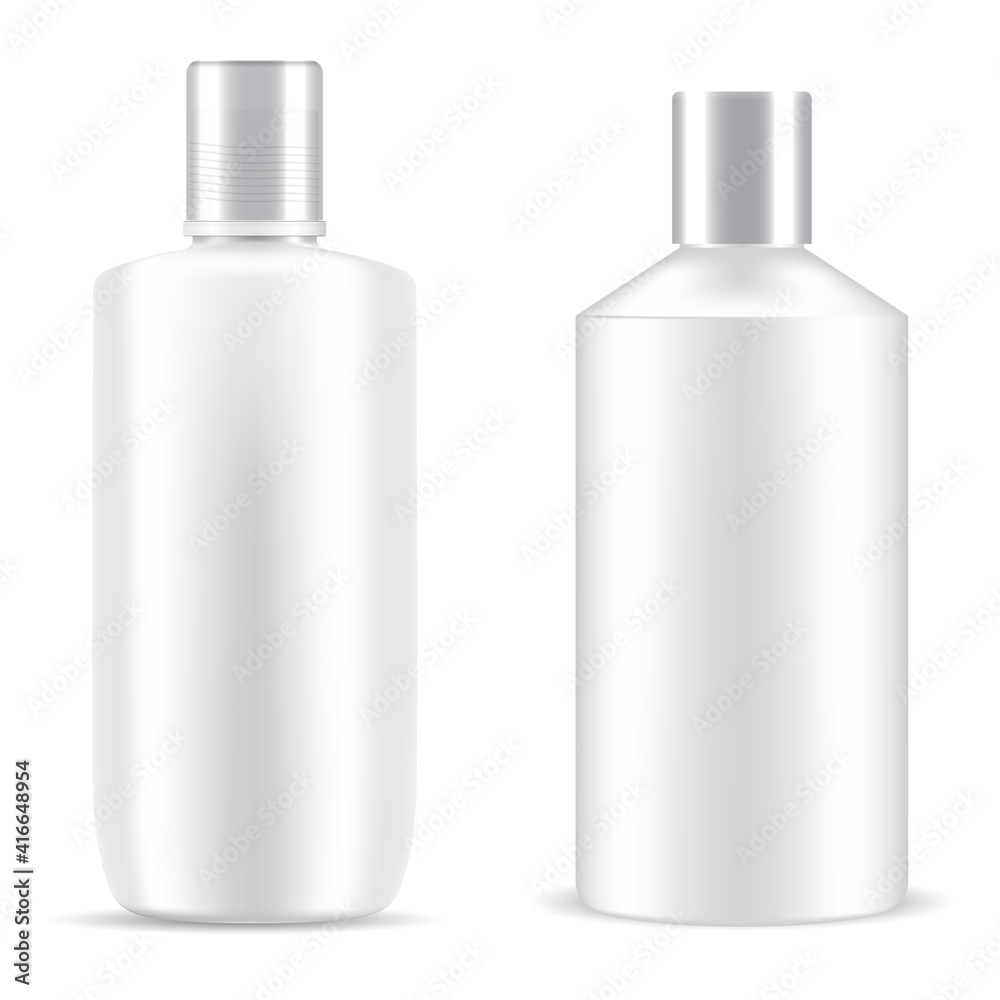 Bottle shampoo cosmetic. White package plastic mockup. Cosmetic product cylinder container, bath gel realistic tubular design. Beauty container vector object, skin care packing template collection Bottle shampoo cosmetic. White package plastic mockup. Cosmetic product cylinder container, bath gel realistic tubular design. Beauty container vector object, skin care packing template collection