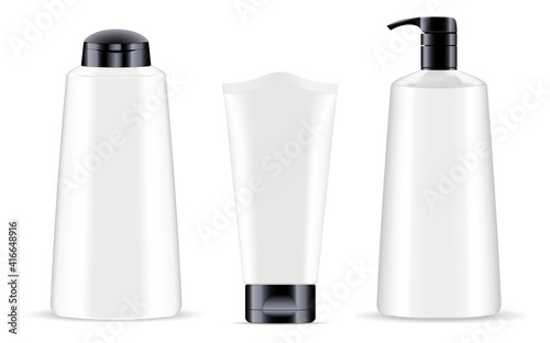 Cosmetic product bottle white. Cream tube vector package  3d. Pump bottle  lotion  gel pack design. Pump dispenser liquid soap  illustration on white background. Makeup cosmetic set  face  body  hair
