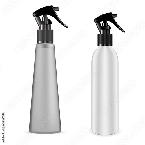 Spray bottle trigger. Cosmetic flask trigger pump, 3d vector container, hair essence pistol spray. Sprayer freshener for bathroom, tube illustration. Cosmetic water spray blank. Disinfectant detergent