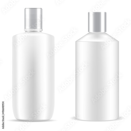 Bottle shampoo cosmetic. White package plastic mockup. Cosmetic product cylinder container, bath gel realistic tubular design. Beauty container vector object, skin care packing template collection