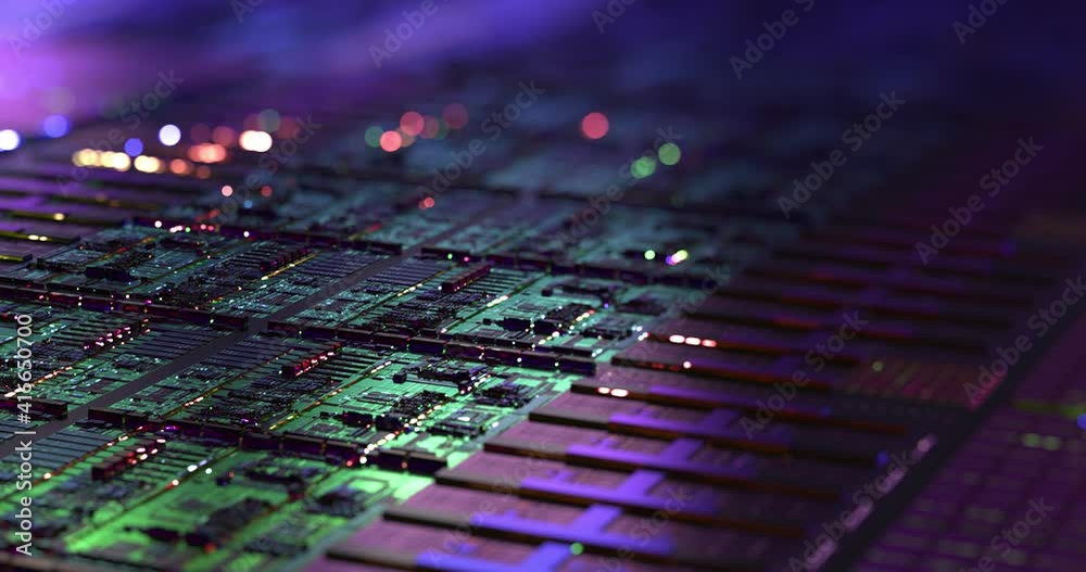 Computer CPU chip on silicon wafer. close up shot of electronic system with data processing.  Chip, AI calculating big data abstract. 3D rendering, 4K loop