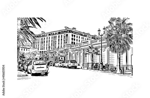 Building view with landmark of Ajaccio is the capital of Corsica. Hand drawn sketch illustration in vector.