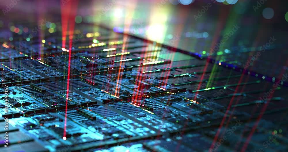 Computer chip with light rays streaming out, high tech background. Macro shot of microchip on silicon wafer. Abstract computer components. 3D rendering, 4K loop