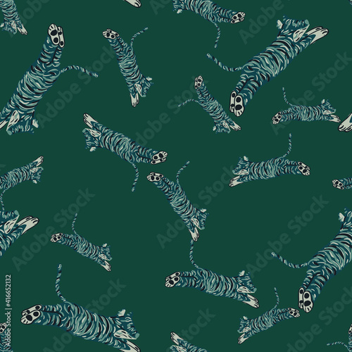 Random dark seamless pattern with cartoon blue tiger elements. Green background. Mammal backdrop.