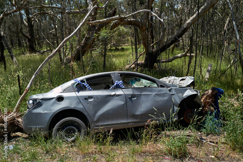 Smashed car left at the side of a country road © Rowena Naylor