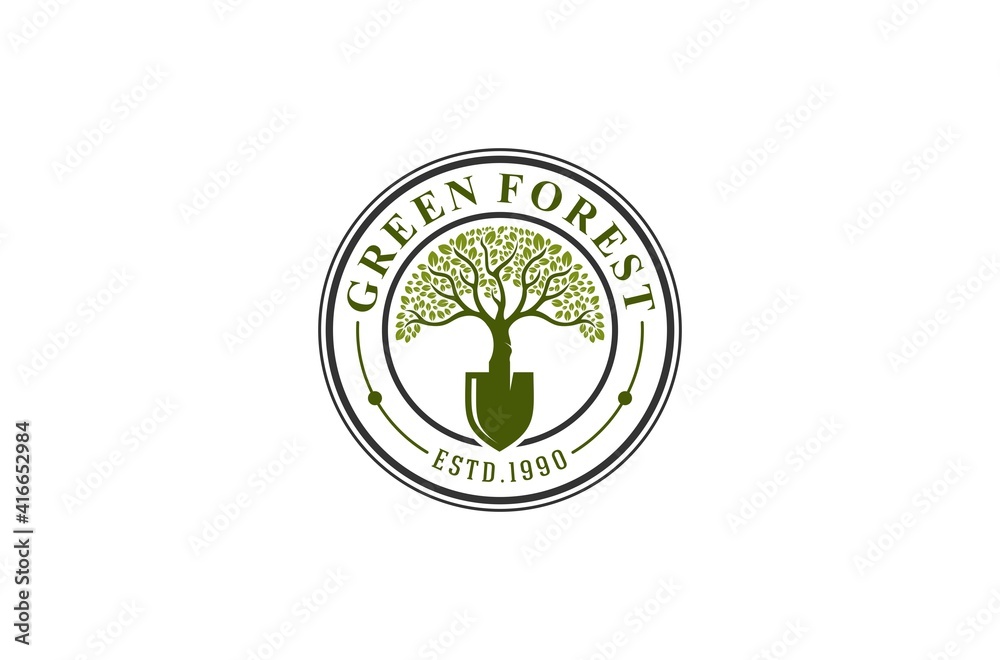 green forest logo with tree trunk illustration, attitude that reflects nature's care for nature preservation green forest logo with tree trunk illustration, attitude that reflects nature's care for nature preservation