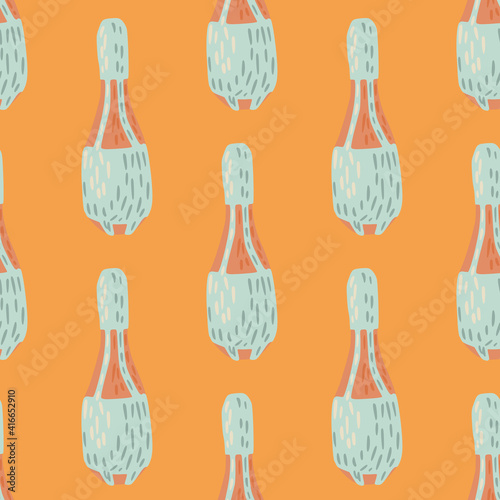 Blue circus juggler mace elements seamless doodle print. Orange background. Decorative backdrop.