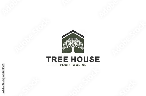 tree house logo with house and tree illustration