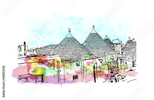 Building view with landmark of Alberobello is a town in Italy. Watercolour splash with hand drawn sketch illustration in vector.
