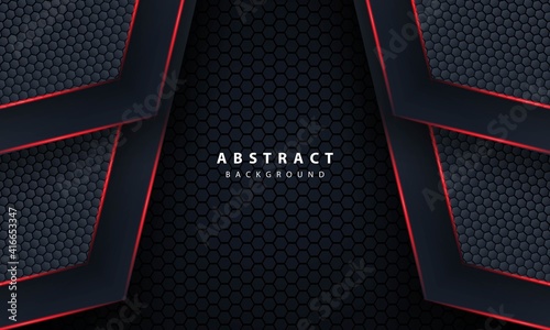 3d dark hexagon with red line light in vector illustration of modern gray luxury futuristic background.