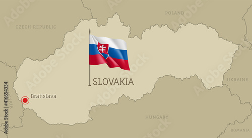 Highly detailed map of Slovakia territory borders, East European country administrative map with Bratislava capital city and waving national flag vector illustration
