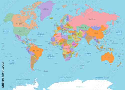 Colored detailed political world map. Political colored physical topographical map with countries borders  capital cities  islands and water objects names