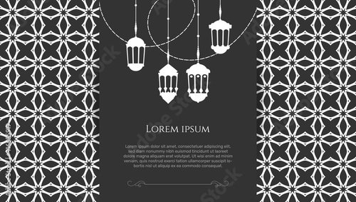 Monochrome arabic elegant template with ramadan hanging lanterns on islamic ornamental background illustration. - Vector.