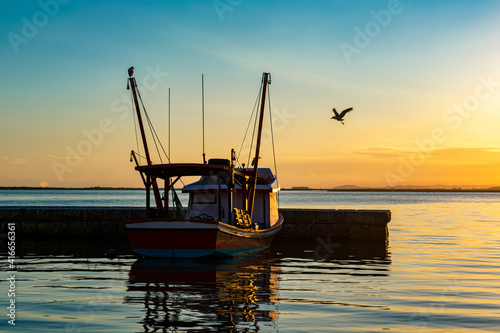 fishing boat at sunset with bird flying