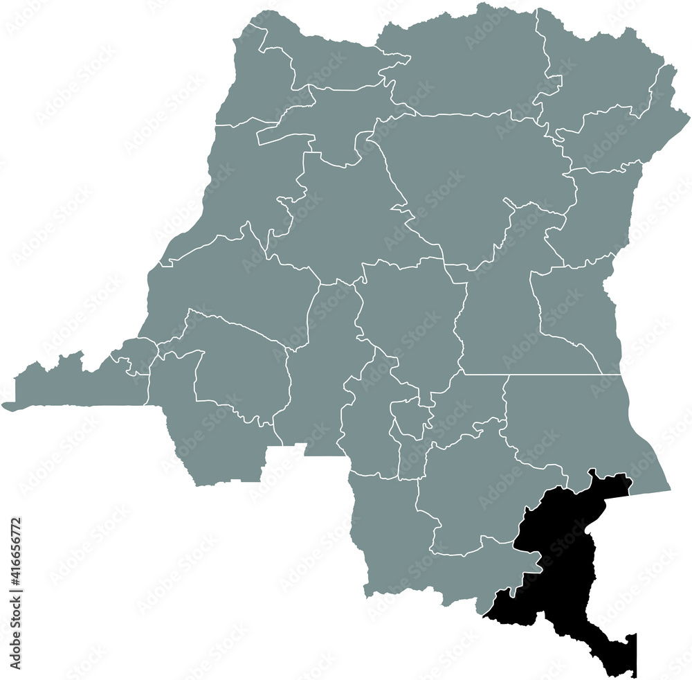 Black location map of the Congolese Haut-Katanga province inside gray map of the Democratic Republic of the Congo