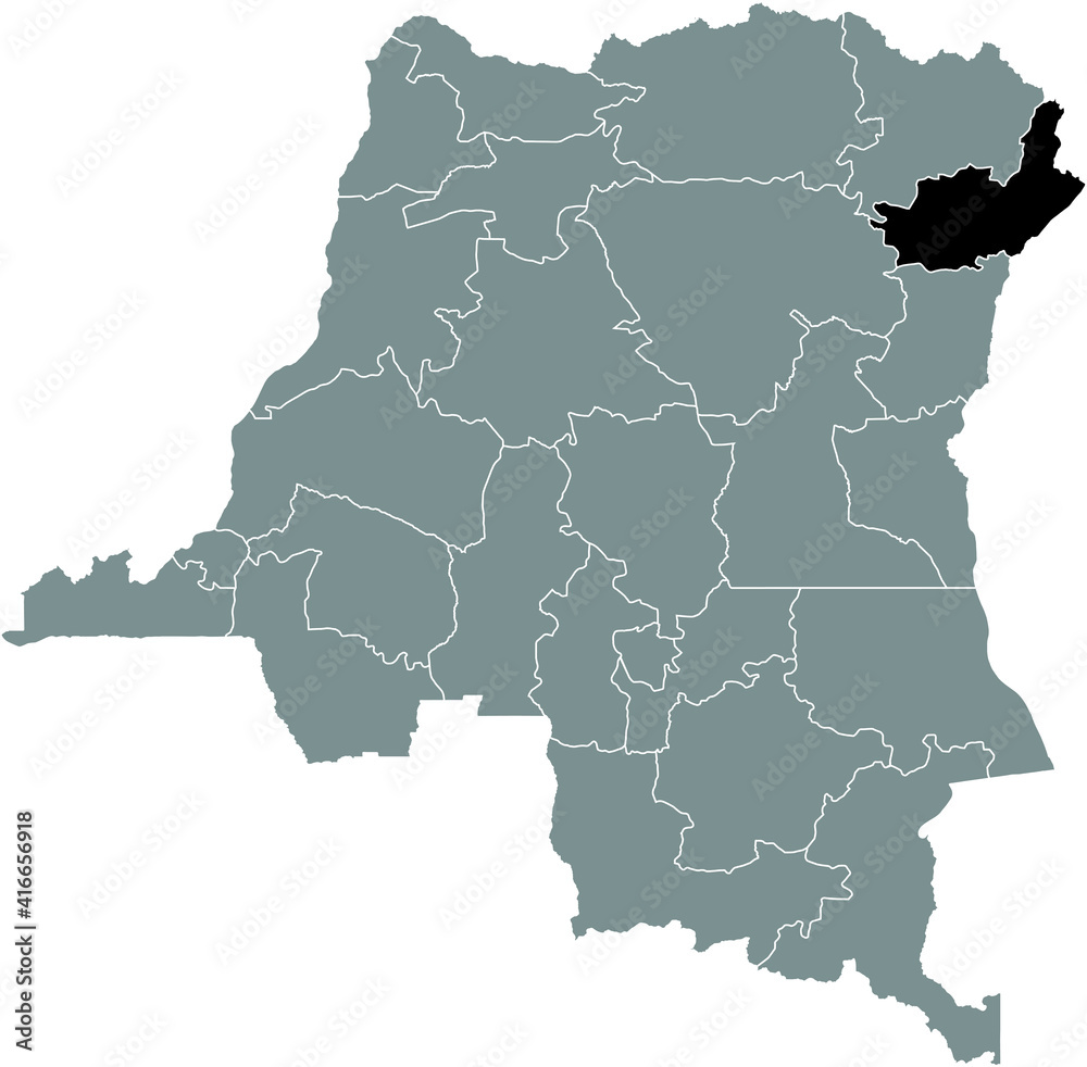 Black location map of the Congolese Ituri province inside gray map of the Democratic Republic of the Congo