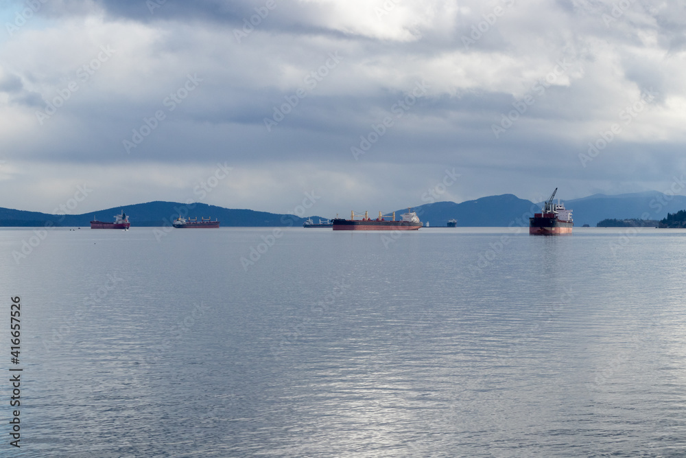 freighters in the harbour at Ladysmith on Vancouver Island, British Columbia, Canada