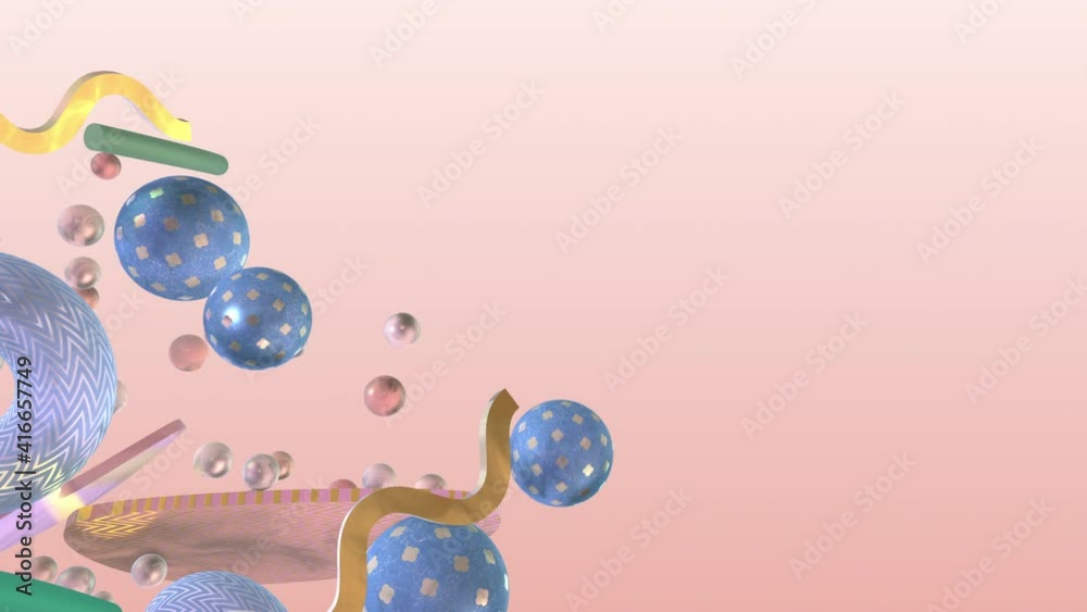 3D render abstract geometric animation. On-trend modern motion design. Surreal whimsical nonsense. Colorful pastel shapes orbit and rotate.
