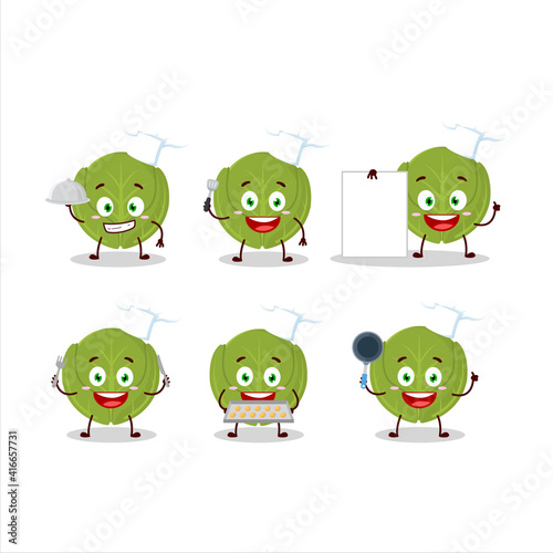 Cartoon character of brussels sprouts with various chef emoticons