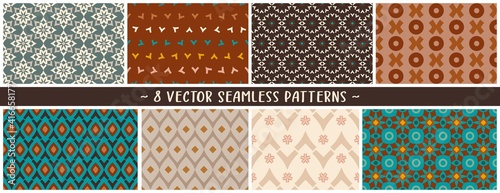 Set of vector eps geometric seamless mix and match patterns in tan, burnt oranges, pleasing champagne tones to create your custom designs, branding, packaging, furniture, interior objects and surfaces