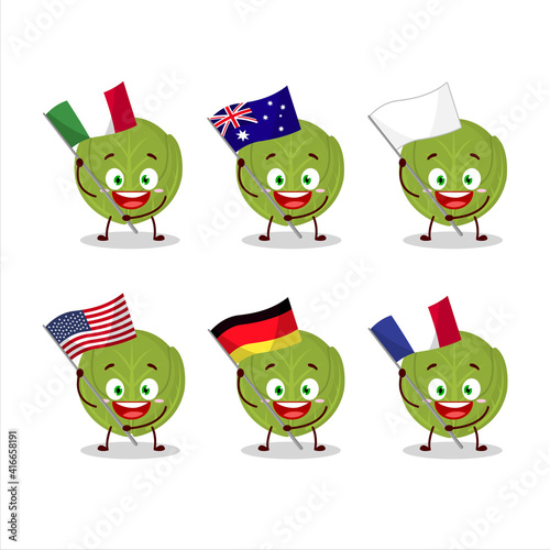 Brussels sprouts cartoon character bring the flags of various countries