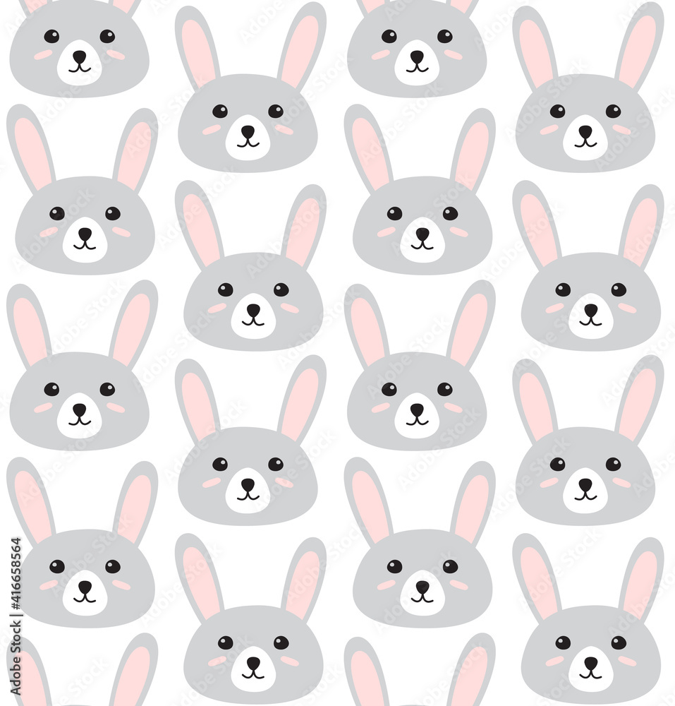 Vector seamless pattern of gray flat doodle rabbit bunny face isolated on white background