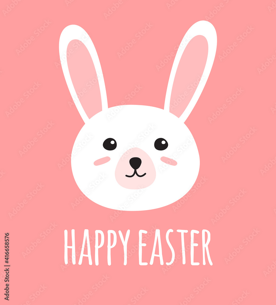 Vector hand drawn doodle flat bunny rabbit face and happy Easter lettering isolated on pink background Vector hand drawn doodle flat bunny rabbit face and happy Easter lettering isolated on pink background