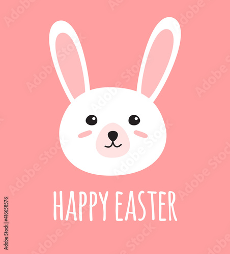 Vector hand drawn doodle flat bunny rabbit face and happy Easter lettering isolated on pink background © Sweta