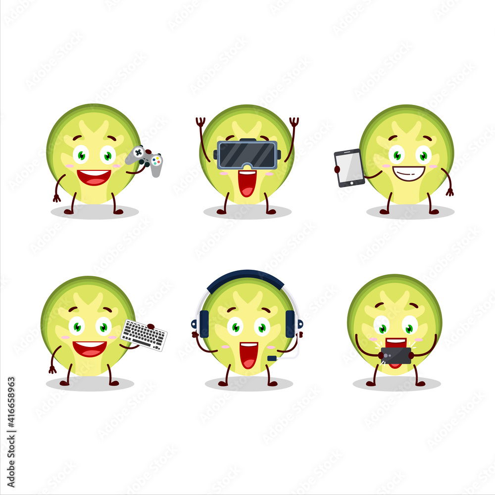 Slice of brussels sprouts cartoon character are playing games with various cute emoticons Slice of brussels sprouts cartoon character are playing games with various cute emoticons
