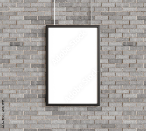 White poster with black frame mockup on on brick wall. 3d rendering.