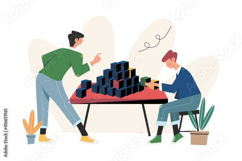 People arrange puzzle elements to build a business