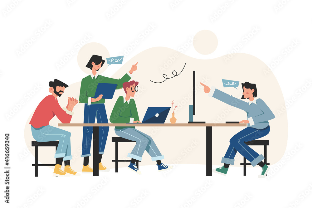 Workers are sitting at the negotiating table thinking and brainstorming Workers are sitting at the negotiating table thinking and brainstorming