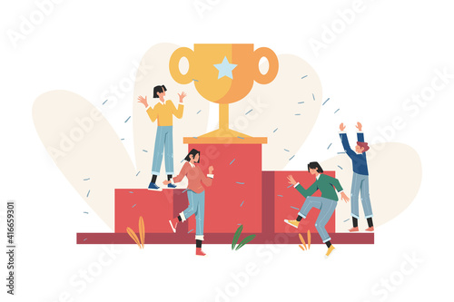 People stand on the podium celebrate best score winner prize