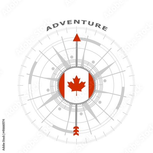 Travel concept. Abstract compass points to the adventure word. Flag of Canada.