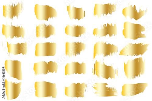 Golden brush strokes in line art style. Metal color gradient. Grunge texture. Gold foil texture art. Stock image. EPS 10.
