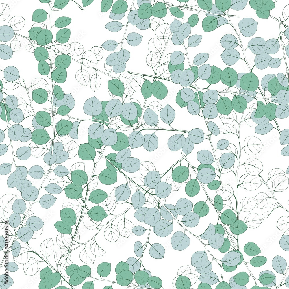 Scattered twigs of eucalyptus. Seamless floral vector pattern for fabric and wallpaper.