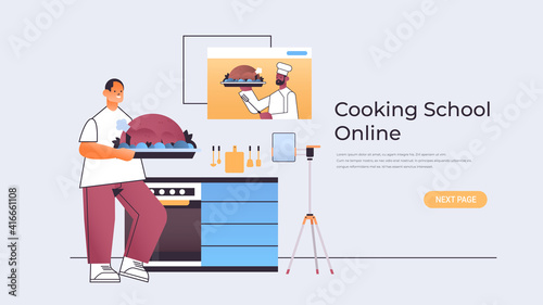 man food blogger preparing turkey and watching video tutorial with african american chef in web browser window online cooking school concept horizontal copy space vector illustration