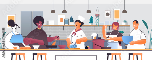 mix race chefs preparing dishes people cooking food culinary school concept kitchen interior horizontal portrait vector illustration