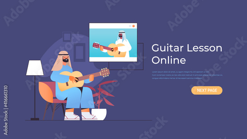 arab man playing guitar with arabic teacher in web browser window during virtual conference online music lesson concept horizontal copy space vector illustration