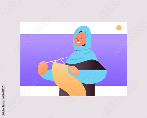 arab woman knits in web browser window online hobby courses for learning knitting concept portrait horizontal vector illustration
